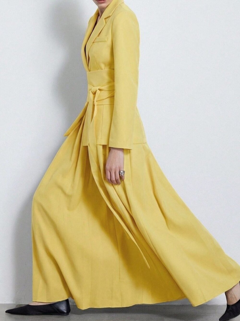 yellow Elegant Women's Notched Collar wrap Waist Long Sleeve Blazer & skirt